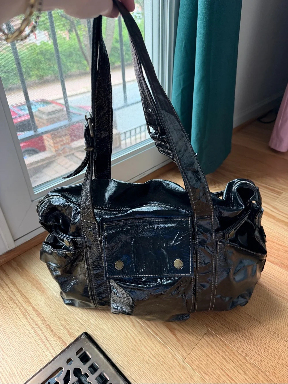 Not Rational Black Patent Leather Slouchy Shoulder Tote Bag Y2K
